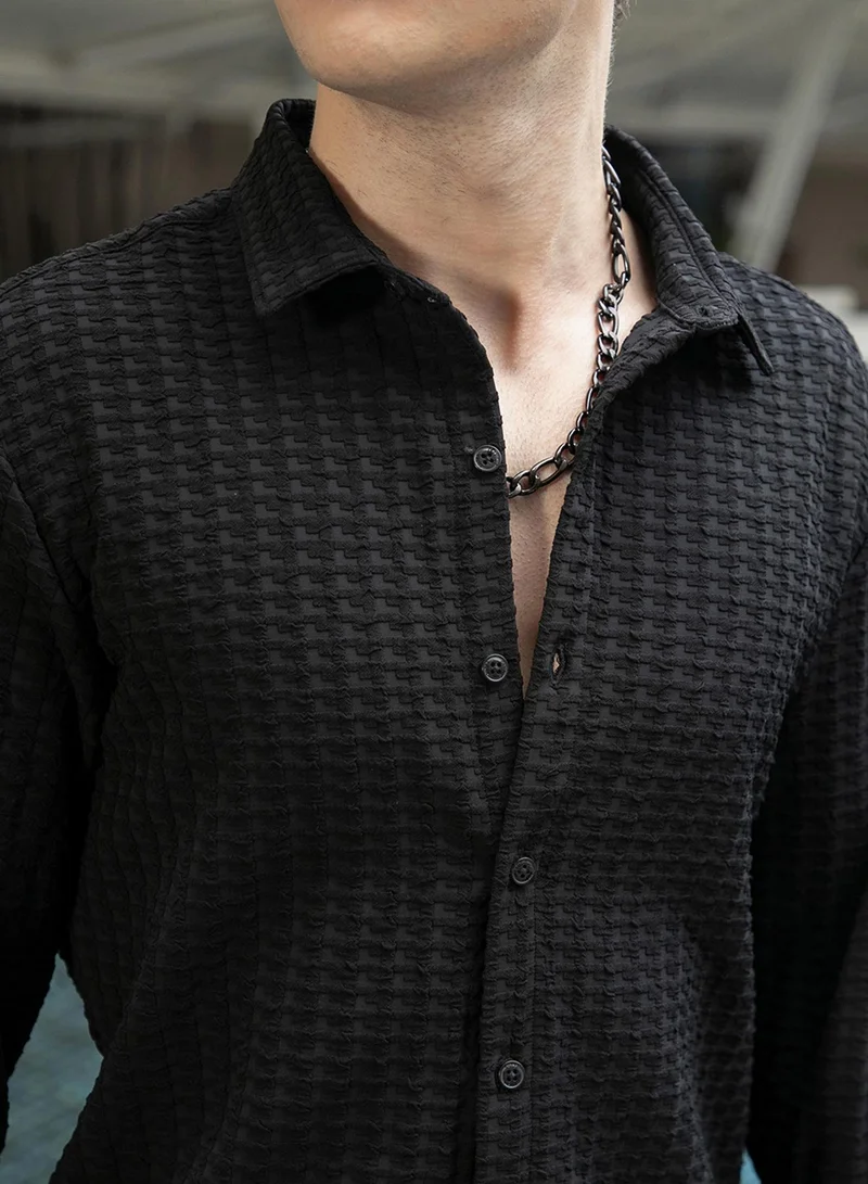 Campus Sutra Men's Onyx Black Embossed-Textured Shirt