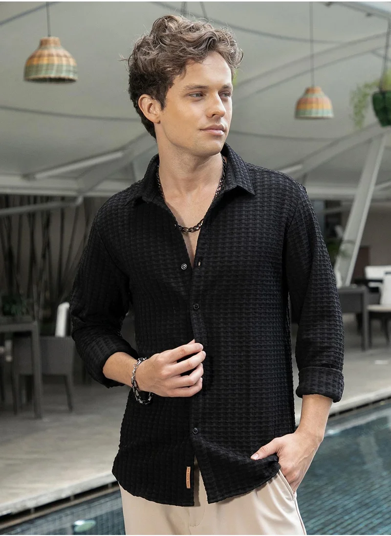 Campus Sutra Men's Onyx Black Embossed-Textured Shirt