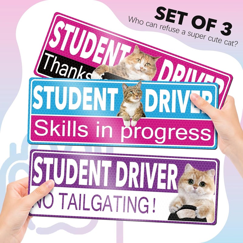 HOLENGS 3Pcs Cat New Driver Magnet for Car, HOLENGS Removable Reflective Student Driver Magnet for Car Bumper, Magnetic Bumper Sticker Set for Novice Rookie Safety Sign 10 x 3.5 in (Student Driver 3pcs) - Image 2