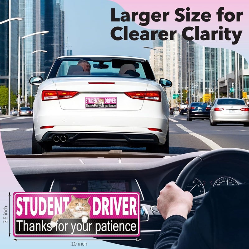 HOLENGS 3Pcs Cat New Driver Magnet for Car, HOLENGS Removable Reflective Student Driver Magnet for Car Bumper, Magnetic Bumper Sticker Set for Novice Rookie Safety Sign 10 x 3.5 in (Student Driver 3pcs) - Image 3