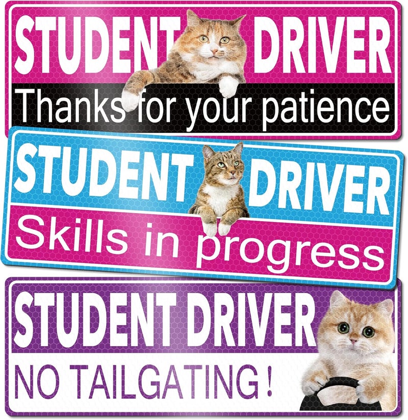 HOLENGS 3Pcs Cat New Driver Magnet for Car, HOLENGS Removable Reflective Student Driver Magnet for Car Bumper, Magnetic Bumper Sticker Set for Novice Rookie Safety Sign 10 x 3.5 in (Student Driver 3pcs) - Image 1