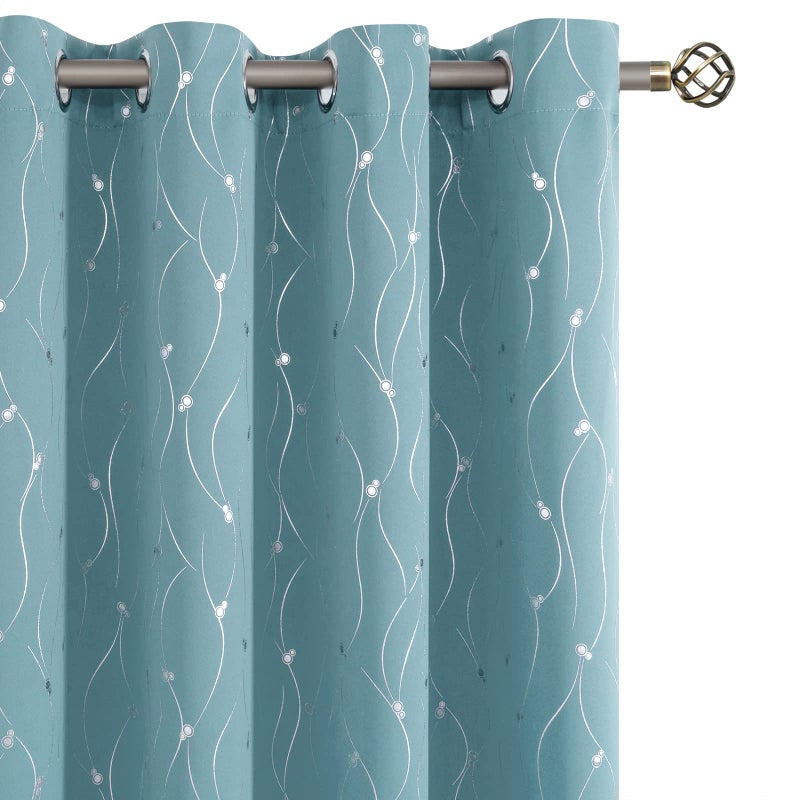 BGment Room Darkening Curtains 95 Inches Long  Grommet Thermal Insulated Blackout Curtains with Wave Line and Dots Printed for Bedroom  2 Panels  Each 52 x 95 Inch  Aqua - Image 1