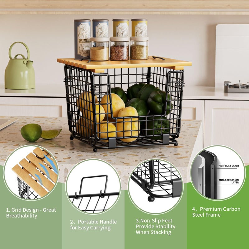 GGIU Wire Storage Basket for Kitchen Pantry: GGIU Stackable Kitchen Counter Organizers - Wire Organizing Bin for Produce Vegetable Potato and Onion Black - Image 5