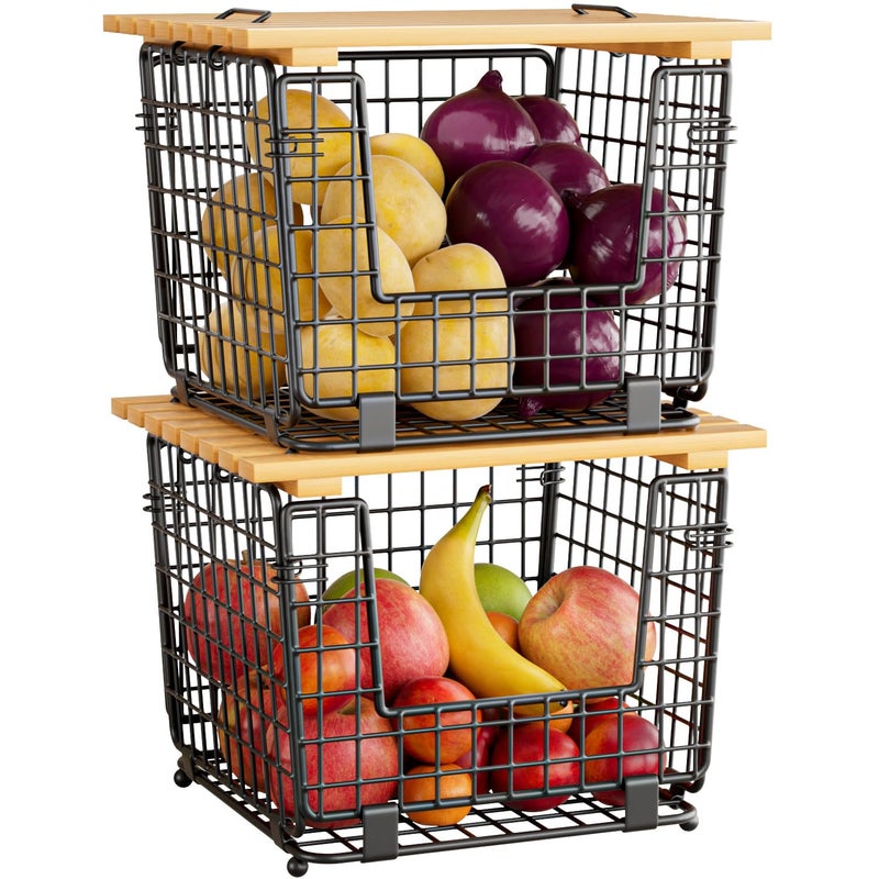 GGIU Wire Storage Basket for Kitchen Pantry: GGIU Stackable Kitchen Counter Organizers - Wire Organizing Bin for Produce Vegetable Potato and Onion Black - Image 1