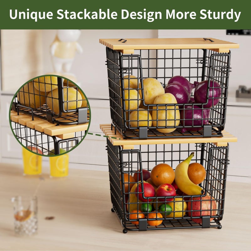 GGIU Wire Storage Basket for Kitchen Pantry: GGIU Stackable Kitchen Counter Organizers - Wire Organizing Bin for Produce Vegetable Potato and Onion Black - Image 3