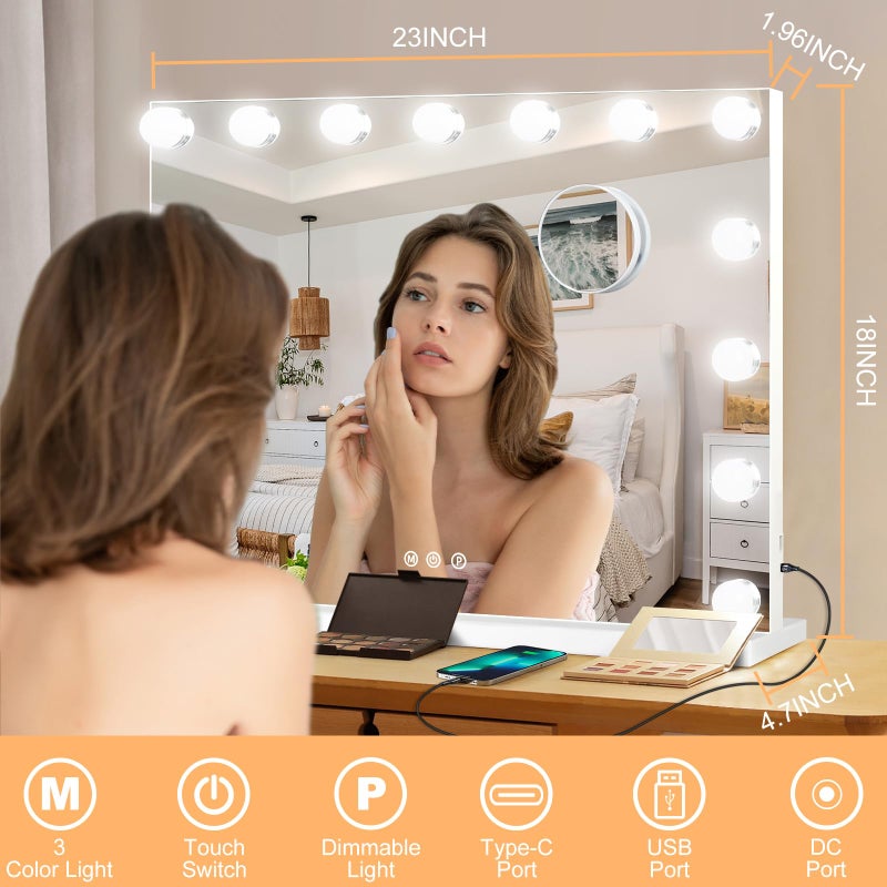 Moonee Vanity Mirror with Lights, Hollywood Lighted Makeup Mirror with 15 Dimmable Bulbs and 10X Magnification, 3 Colors Modes, Light Up Mirror, Gifts for Women, Girls,Dorm Room Essentialsï¼ˆ23" x 18"ï¼‰ - Image 2