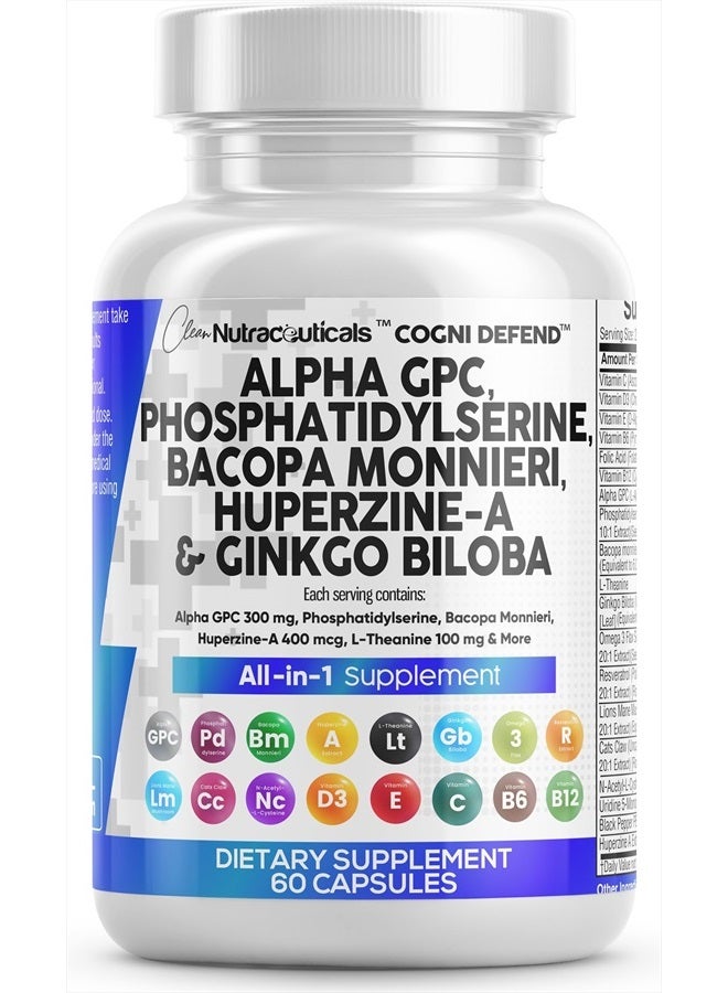 Clean Nutraceuticals Alpha GPC Choline 300mg Phosphatidylserine 3000mg Bacopa Monnieri 6000mg Ginkgo Biloba 2000mg Huperzine A 400mcg Supplement with Urdine Lions Mane Cats Claw NAC Vitamin C B D E  - Image 1