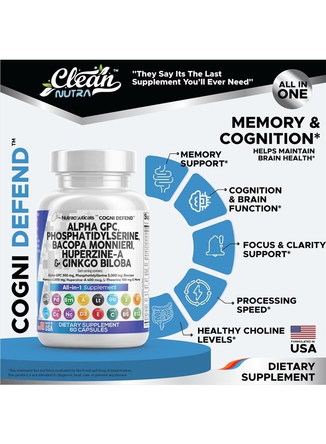 Clean Nutraceuticals Alpha GPC Choline 300mg Phosphatidylserine 3000mg Bacopa Monnieri 6000mg Ginkgo Biloba 2000mg Huperzine A 400mcg Supplement with Urdine Lions Mane Cats Claw NAC Vitamin C B D E  - Image 2
