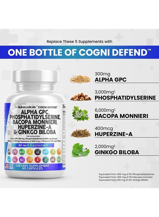 Clean Nutraceuticals Alpha GPC Choline 300mg Phosphatidylserine 3000mg Bacopa Monnieri 6000mg Ginkgo Biloba 2000mg Huperzine A 400mcg Supplement with Urdine Lions Mane Cats Claw NAC Vitamin C B D E  - Image 4