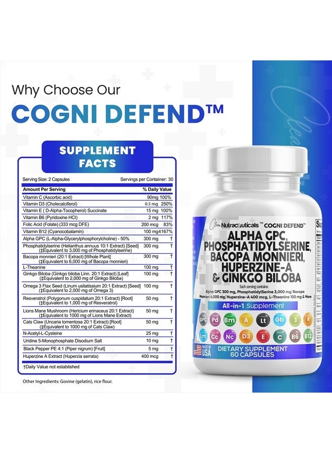 Clean Nutraceuticals Alpha GPC Choline 300mg Phosphatidylserine 3000mg Bacopa Monnieri 6000mg Ginkgo Biloba 2000mg Huperzine A 400mcg Supplement with Urdine Lions Mane Cats Claw NAC Vitamin C B D E  - Image 5