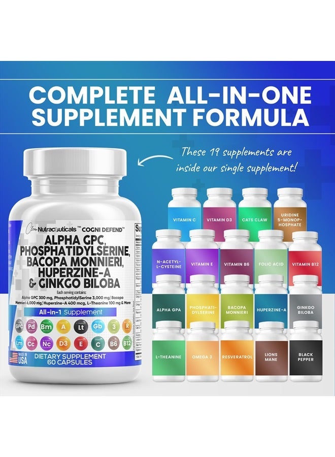 Clean Nutraceuticals Alpha GPC Choline 300mg Phosphatidylserine 3000mg Bacopa Monnieri 6000mg Ginkgo Biloba 2000mg Huperzine A 400mcg Supplement with Urdine Lions Mane Cats Claw NAC Vitamin C B D E  - Image 3