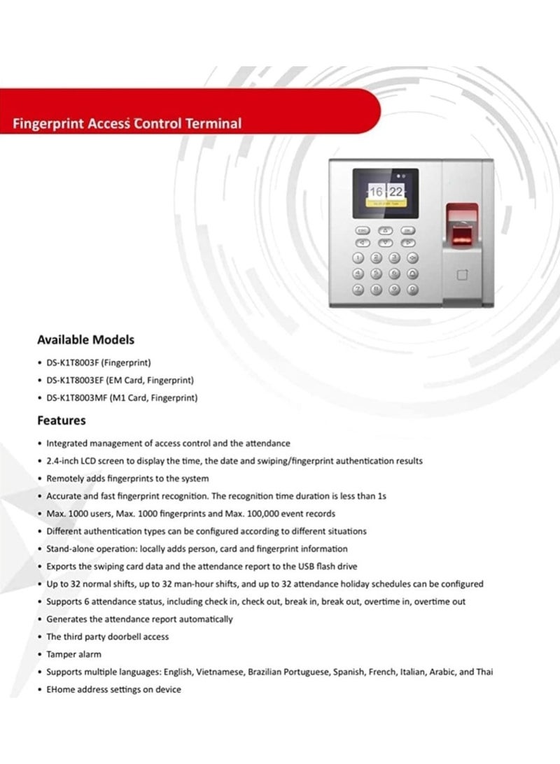 Generic Access Control Fingerprint Time Attendance Terminal with Key Board Enhancing Security DS-K1T8003MF  - Image 5