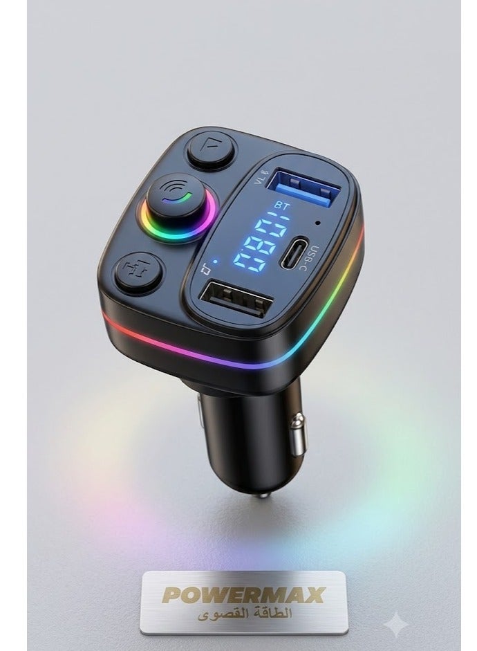PowerMax Multifunctional Car Charger, MP3 Player, Bluetooth 5.0, 3.1A Fast Charging with Colorful LED Light - Model MX77 - Image 1