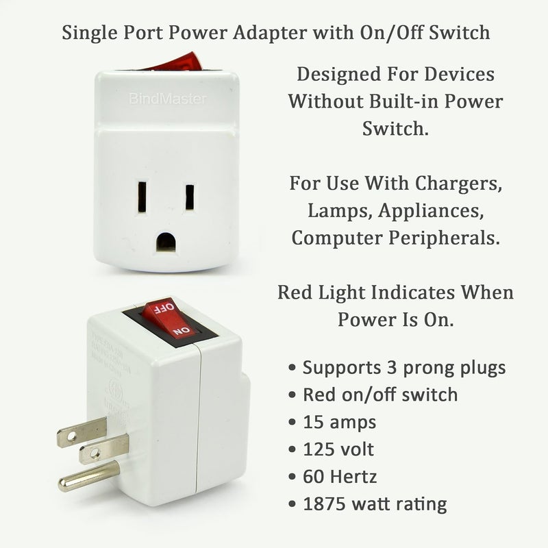 BindMaster 3 Prong Grounded Single Port Power Adapter for Outlet with Indicator Lighted On/Off Switch to be Energy Saving (1 Pack) - Image 2