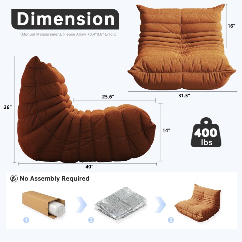 WHGBJA Memory Foam Bean Bag Chair for Adults, Teddy Material Beanbag Sofa with Filler, Cozy Floor Lounge Seat for Living Room, Bedroom, Dorm, Office (Orange) - Image 2