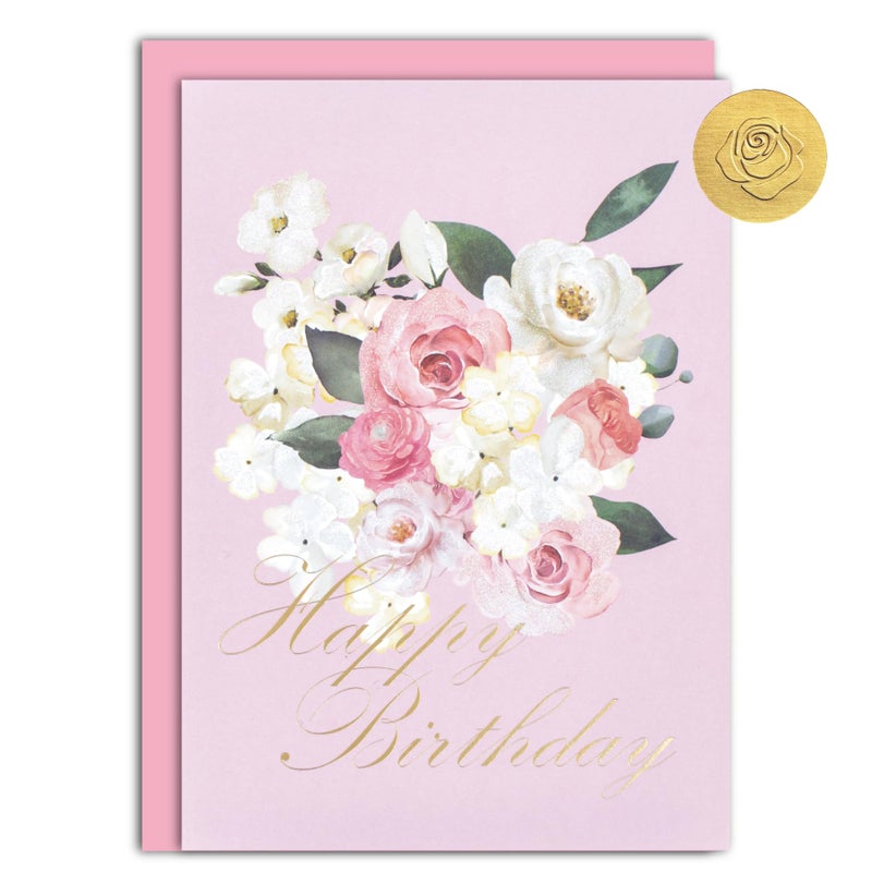 Gooji 5x7 Floral Happy Birthday Card â€“ Birthday Cards for Women â€“ For Daughter, Wife, Mom, Friend, Grandma & More â€“ Heartfelt Card with Pink Watercolor Flowers (Blossom Grace) Gold Foil - Image 1