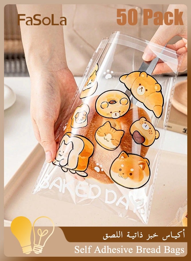 Fasola 50 Pack Self Adhesive Bread Bags, Cute Cartoon Printed Clear Cellophane Bags, 2 Pattern Mix for Toast Cookie Snack Packaging, Reusable and Portable Food Bags for Family Party School, (Transparent) - Image 1