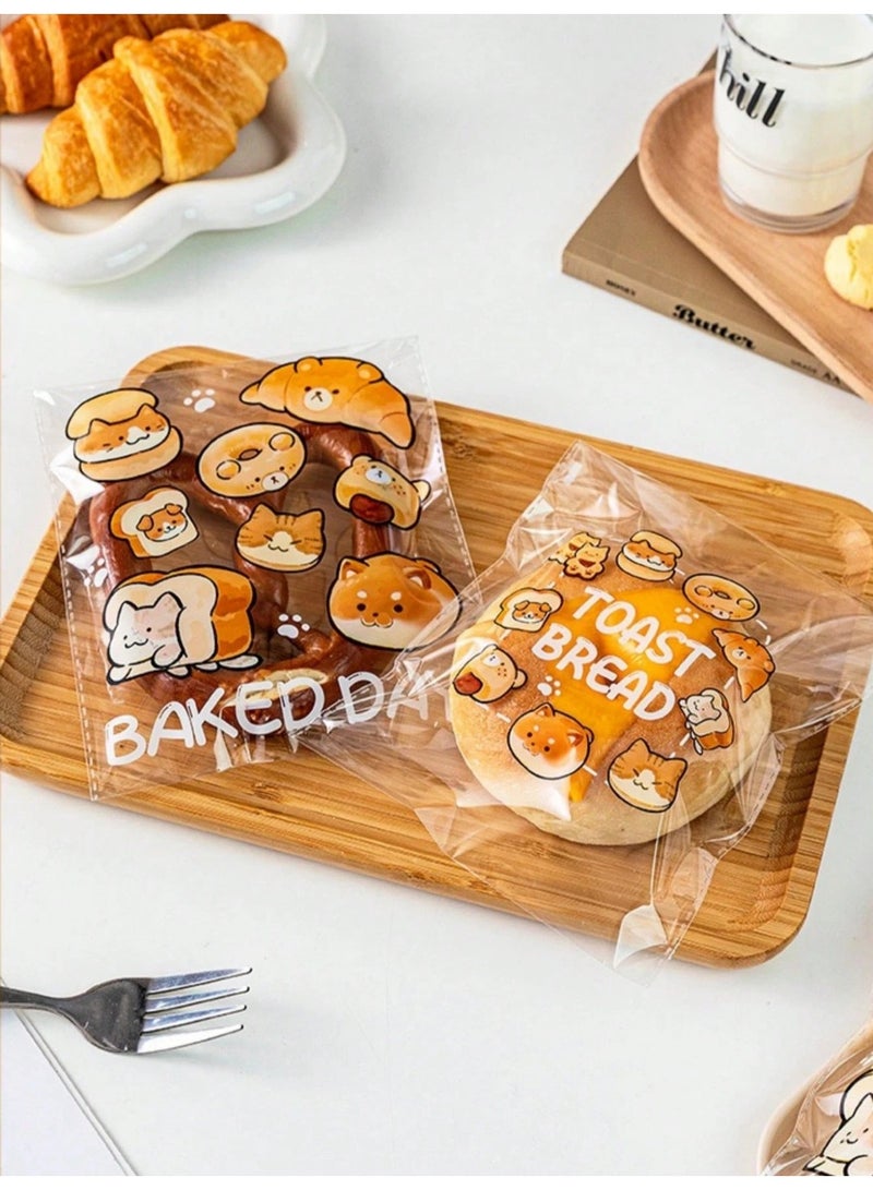 Fasola 50 Pack Self Adhesive Bread Bags, Cute Cartoon Printed Clear Cellophane Bags, 2 Pattern Mix for Toast Cookie Snack Packaging, Reusable and Portable Food Bags for Family Party School, (Transparent) - Image 3