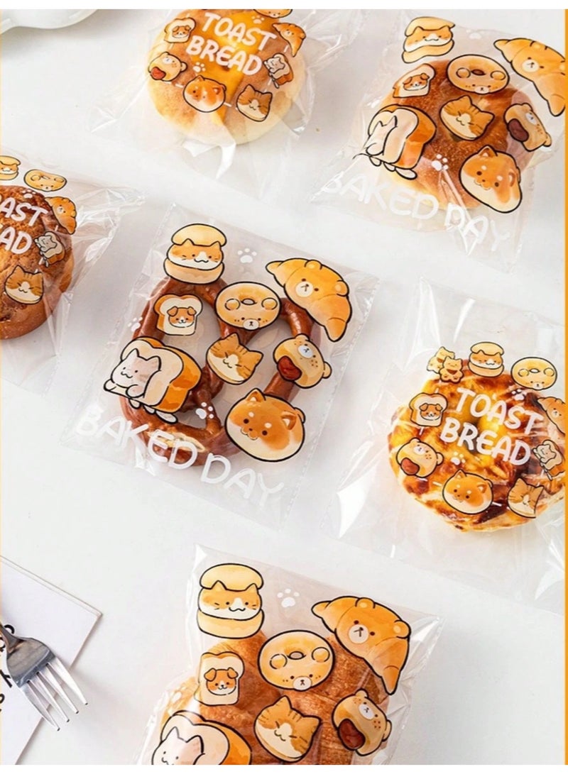 Fasola 50 Pack Self Adhesive Bread Bags, Cute Cartoon Printed Clear Cellophane Bags, 2 Pattern Mix for Toast Cookie Snack Packaging, Reusable and Portable Food Bags for Family Party School, (Transparent) - Image 4