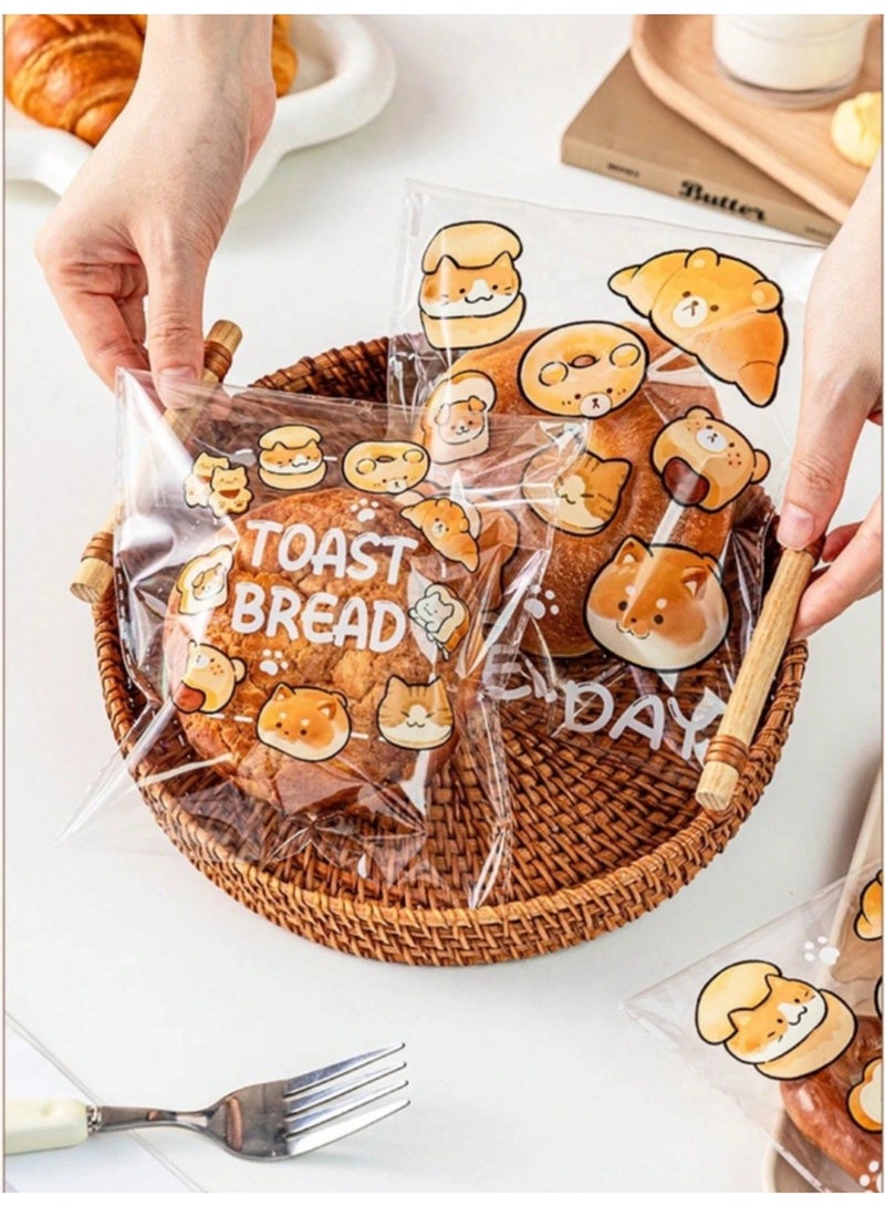 Fasola 50 Pack Self Adhesive Bread Bags, Cute Cartoon Printed Clear Cellophane Bags, 2 Pattern Mix for Toast Cookie Snack Packaging, Reusable and Portable Food Bags for Family Party School, (Transparent) - Image 5