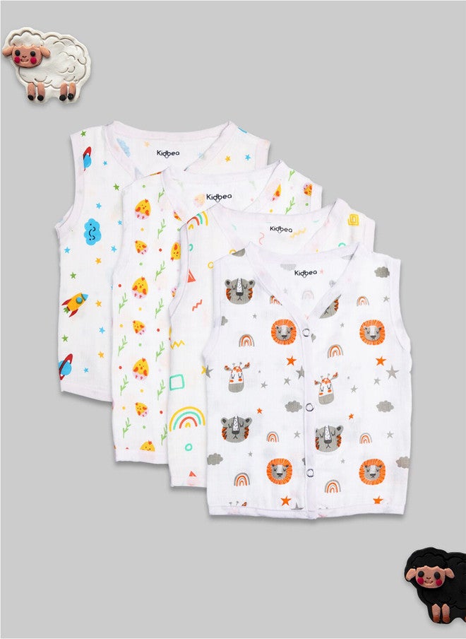 Kidbea Pack of 4 Printed Pure Bamboo Jhabla Vests for Infants - Image 1