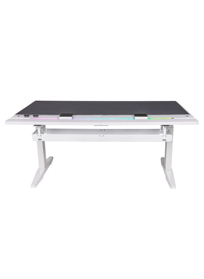ثيرمال تيك مكتب ألعاب G700 RGB Snow - مكتب كهربائي قائم بارتفاع قابل للتعديل، سطح من الخشب المضغوط مقاس 160 سم × 88.7 سم، نظام رفع ثلاثي المراحل بمحركين، إضاءة LED RGB 16.8 مليون لون، إعدادان للذاكرة، قفل أمان وحساسية تصادم، لون أبيض | GGD-G70-WHEIRX-11  - Image 2