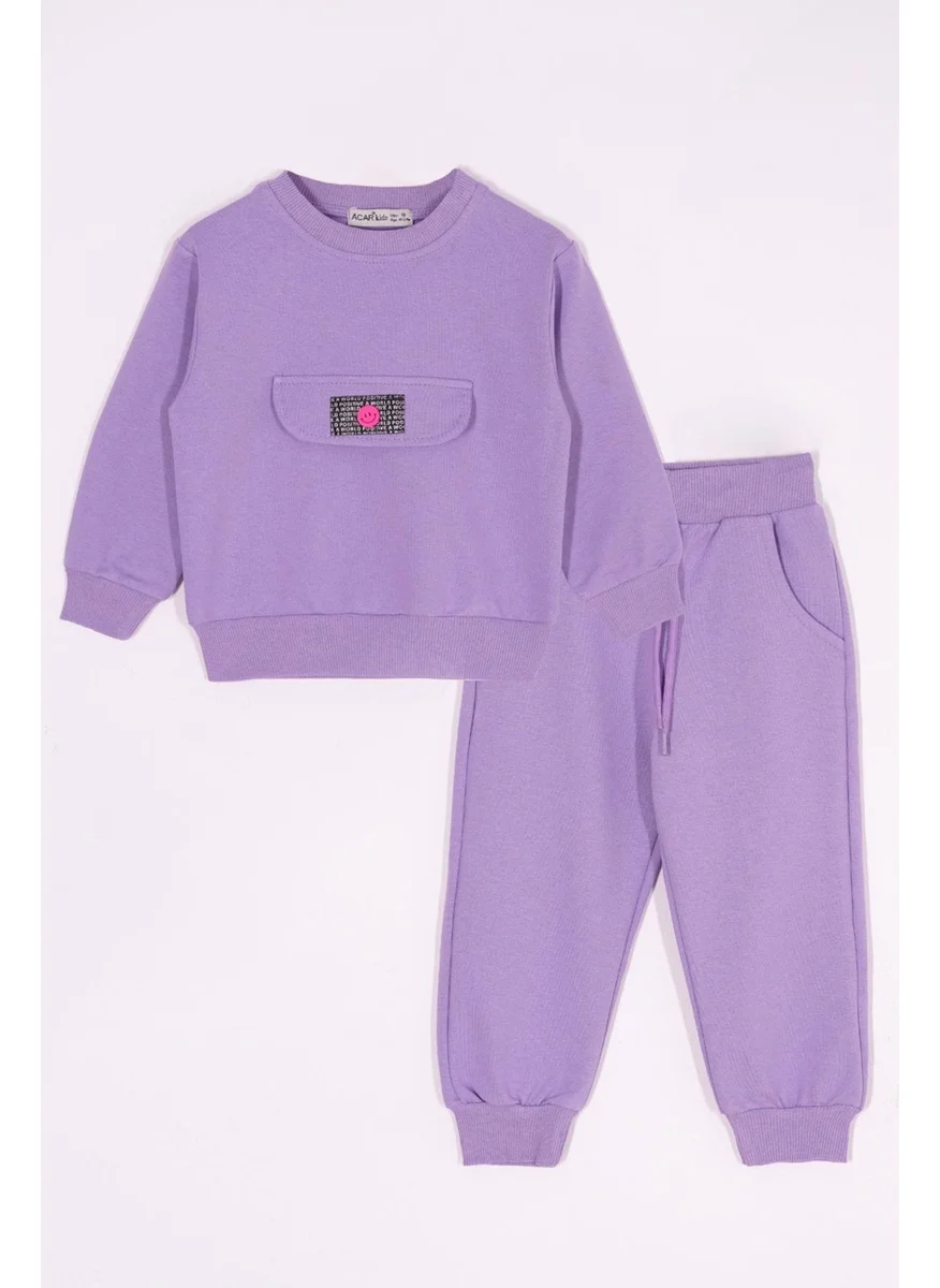 Zepkids Crew Neck Long Sleeve Front Ornamental Pocket Flap Purple Color Tracksuit