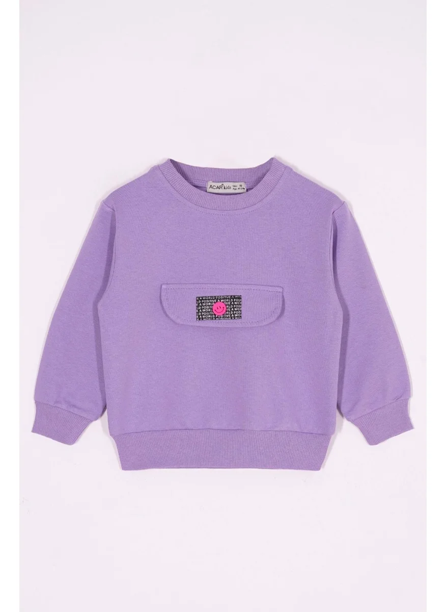 Zepkids Crew Neck Long Sleeve Front Ornamental Pocket Flap Purple Color Tracksuit