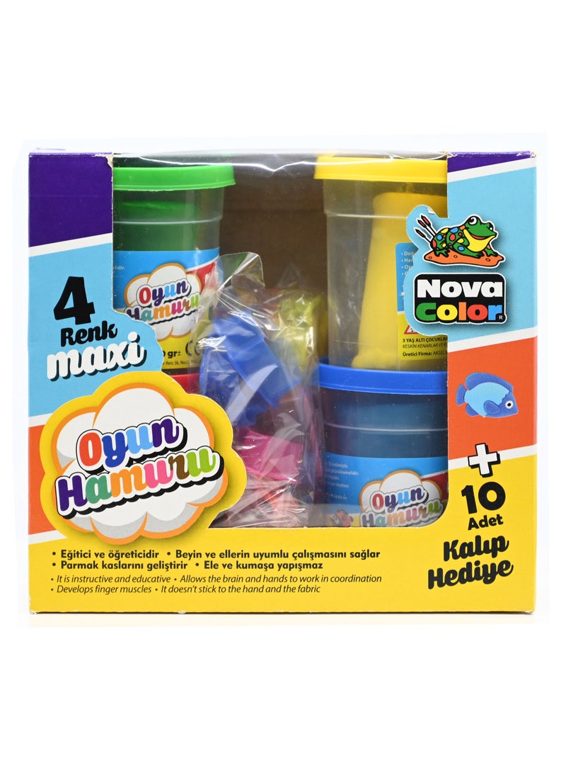 Nova Color  Play Dough And Mold Set, 4 Assorted Colors (Red,Blue, Green,Yellow) With 10 Molds For Designs -KRMCNC-4155
