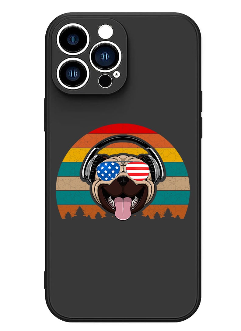 Theodor - Protective Slim Fit Case Liquid Silicone Cover with Full Body Protection Anti-Scratch Shockproof Case For iPhone 15 Pro Max Black - pug with headphones - Image 1