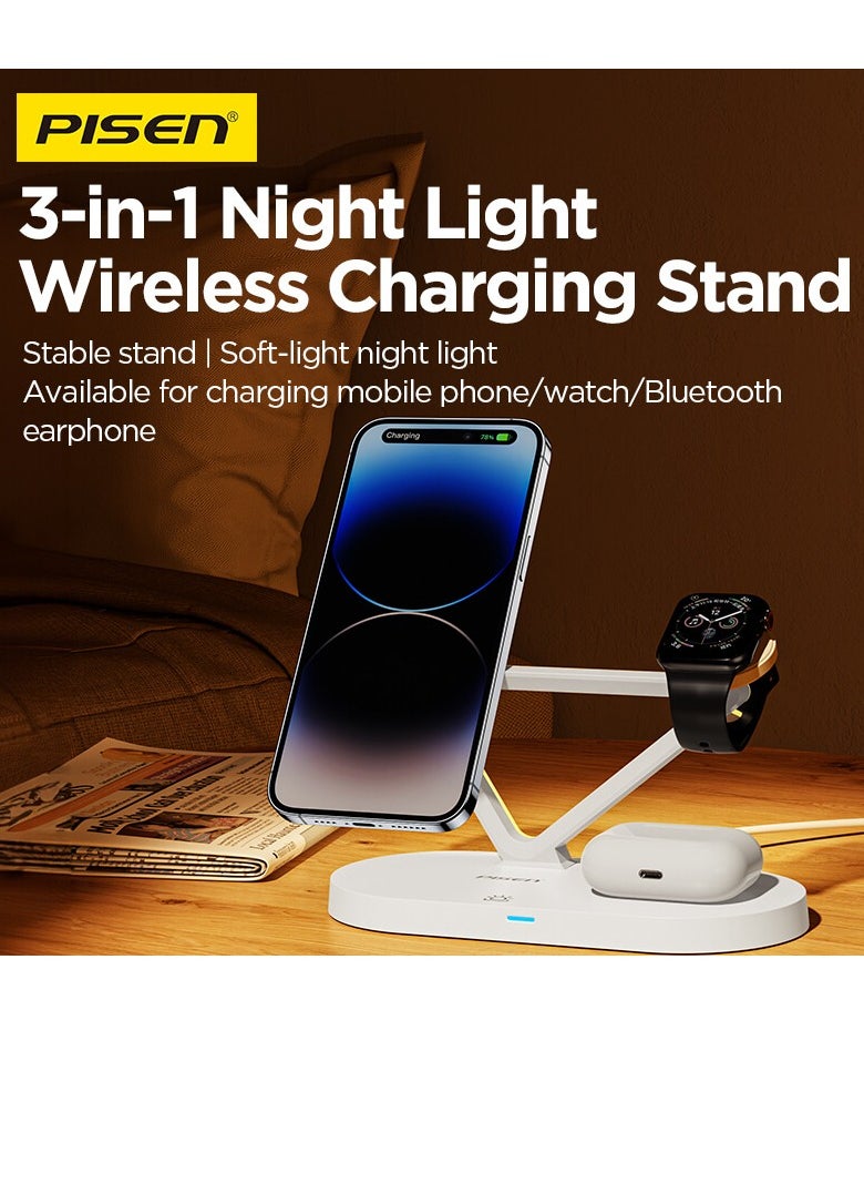 Pisen - 3 in 1 Wireless Charging Station for MagSafe,15W Quick Magnetic Wireless Charger, Travel Mag-Safe Charger Stand with Night Light for iPhone 16/15/14/13/12 Series, AirPods 3/2/Pro, Apple Watch - White - Image 1