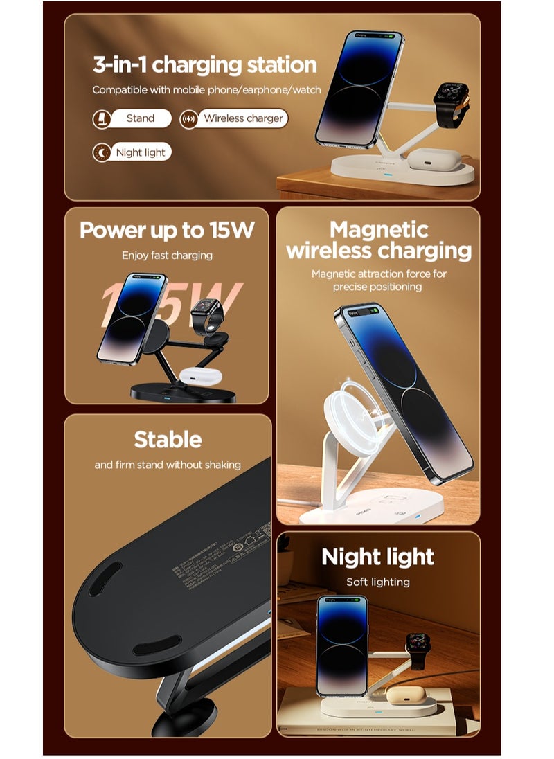 Pisen - 3 in 1 Wireless Charging Station for MagSafe,15W Quick Magnetic Wireless Charger, Travel Mag-Safe Charger Stand with Night Light for iPhone 16/15/14/13/12 Series, AirPods 3/2/Pro, Apple Watch - White - Image 1