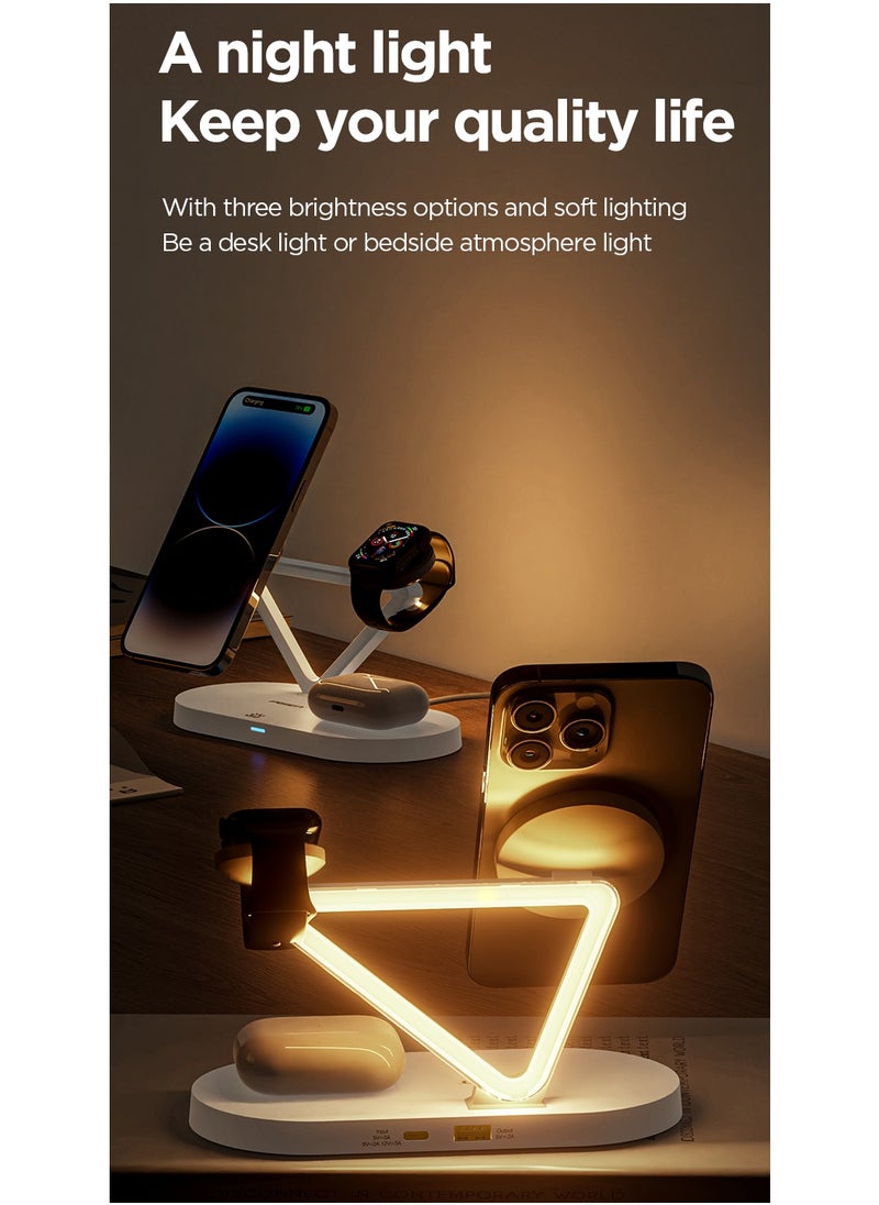 Pisen - 3 in 1 Wireless Charging Station for MagSafe,15W Quick Magnetic Wireless Charger, Travel Mag-Safe Charger Stand with Night Light for iPhone 16/15/14/13/12 Series, AirPods 3/2/Pro, Apple Watch - White - Image 1