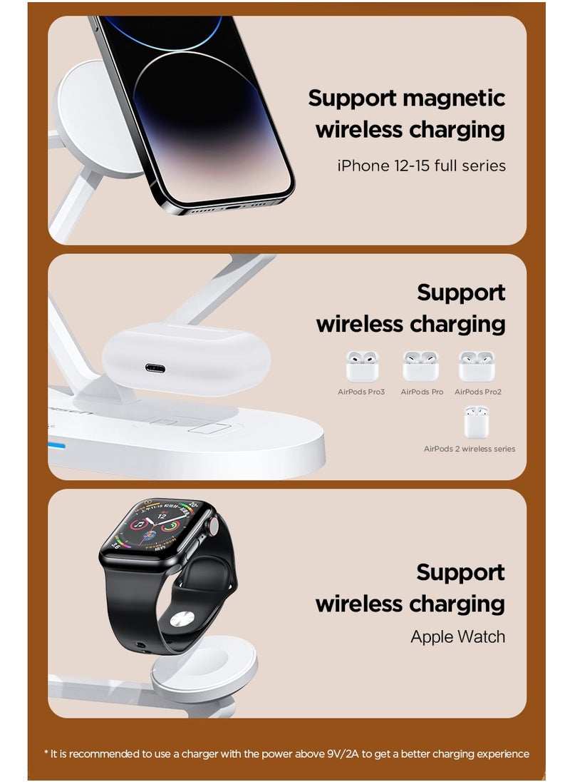 Pisen - 3 in 1 Wireless Charging Station for MagSafe,15W Quick Magnetic Wireless Charger, Travel Mag-Safe Charger Stand with Night Light for iPhone 16/15/14/13/12 Series, AirPods 3/2/Pro, Apple Watch - White - Image 1