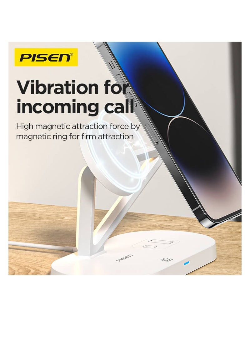 Pisen - 3 in 1 Wireless Charging Station for MagSafe,15W Quick Magnetic Wireless Charger, Travel Mag-Safe Charger Stand with Night Light for iPhone 16/15/14/13/12 Series, AirPods 3/2/Pro, Apple Watch - White - Image 1