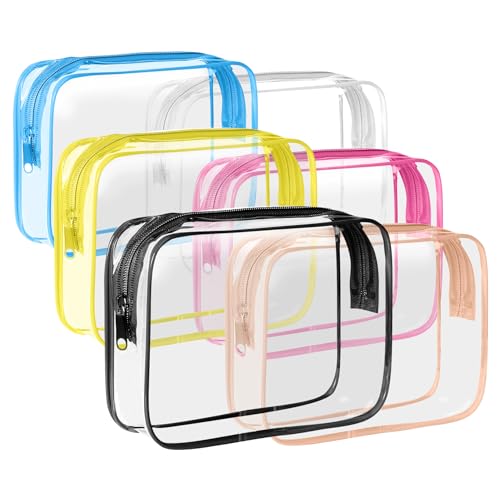 ZHOOGE 6 Pack Toiletry Bag Makeup Bag Cosmetic Bag, TSA Approved Clear Travel Toiletry Bag wih Zippers, Quart Size Travel Makeup Cosmetic Bag for Women Men, Carry on Airport Airline Compliant Bag, 6 Colors - Image 1