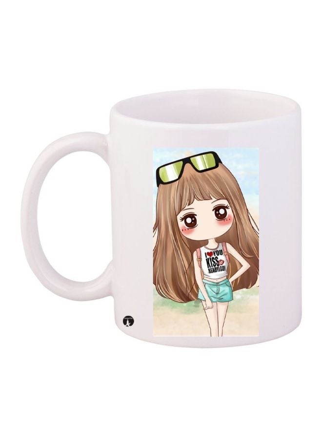 RYN Cartoon Girl Printed Coffee Mug White/Brown/Blue 11ounce