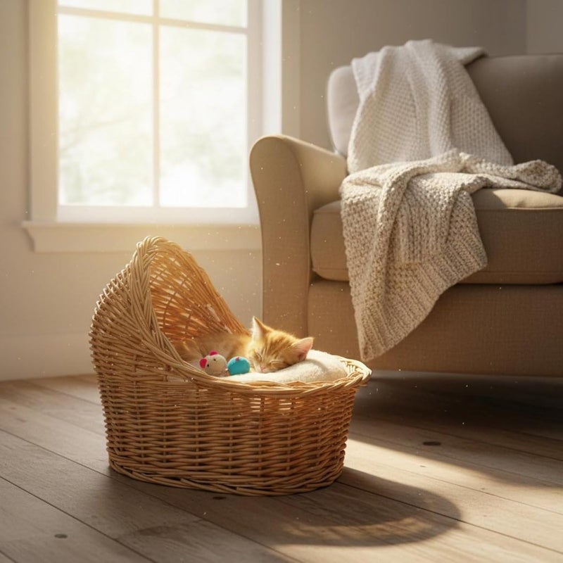 Qianly Wicker Woven Pet Bed Handwoven Woven Animal Basket Multi-Functional Infant Basket Photography Prop for Photographers, Home Decor, Nursery, S - Image 5