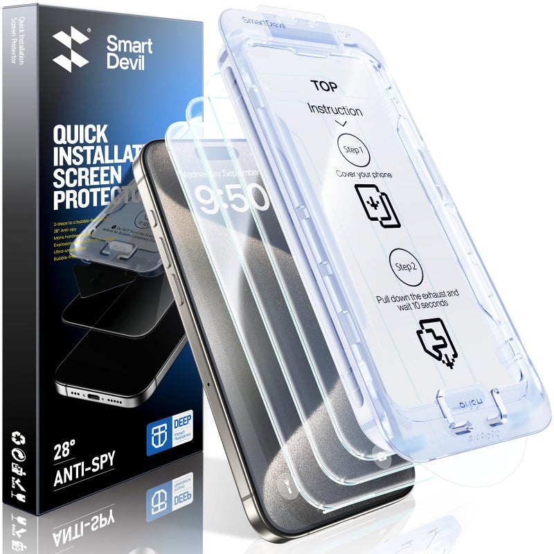 SMARTDEVIL 3 Pack for iPhone 15 Pro Max Screen Protector, 9H Hardness Military Grade Shatterproof, HD Clear Tempered Glass with Auto Dust-Elimination, Bubble Free, Easy Installation, Case Friendly - Image 1
