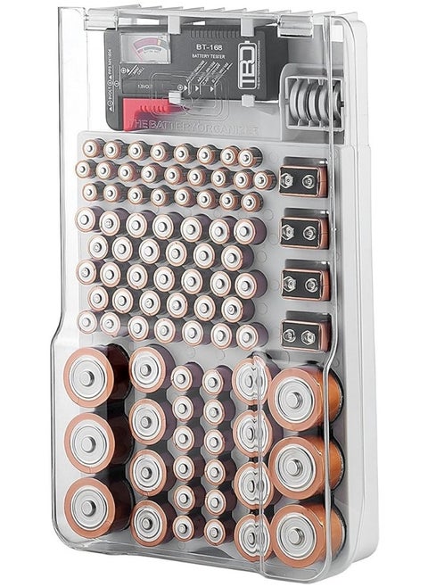 The Battery Organizer Storage Case with Hinged Clear Cover, Includes a Removable Battery Tester, Holds 93 Batteries Various Sizes