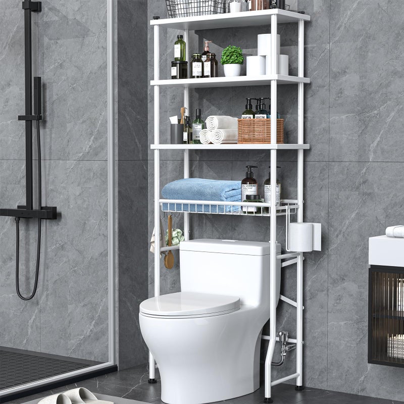 Dataroad Selead Over the Toilet Storage shelf, 4-Tier Bathroom Organizer Rack, Easy To Install with Adjustable Feet Pad and Basket Freestanding Bathroom Shelves Above Toilet, Space Saver Toilet Storage Cabinet(White) - Image 1
