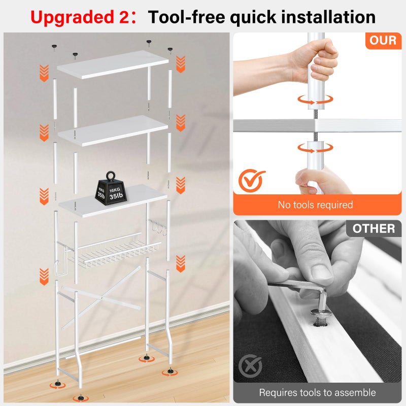 Dataroad Selead Over the Toilet Storage shelf, 4-Tier Bathroom Organizer Rack, Easy To Install with Adjustable Feet Pad and Basket Freestanding Bathroom Shelves Above Toilet, Space Saver Toilet Storage Cabinet(White) - Image 3