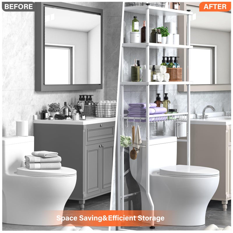 Dataroad Selead Over the Toilet Storage shelf, 4-Tier Bathroom Organizer Rack, Easy To Install with Adjustable Feet Pad and Basket Freestanding Bathroom Shelves Above Toilet, Space Saver Toilet Storage Cabinet(White) - Image 5