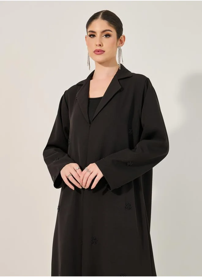 Styli Embellished Notch Label Collar Abaya with Hijab