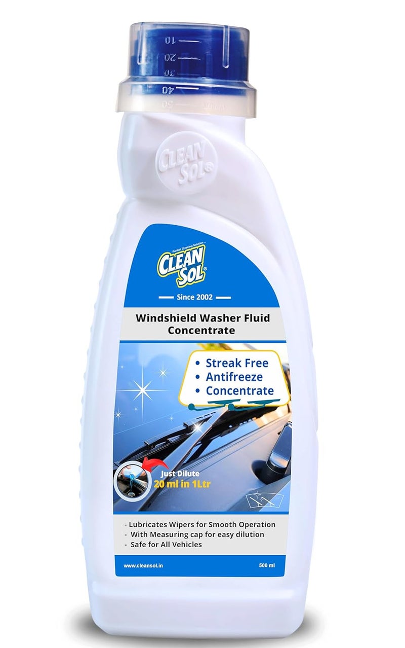 Cleansol سائل تنظيف زجاج السيارة من كلينسول - 500 مل | سائل تنظيف زجاج السيارة - 20 مل يصنع 1 لتر | صيغة مضادة للتجمد | لمعان خالي من الخطوط | يشمل غطاء قياس - Image 1