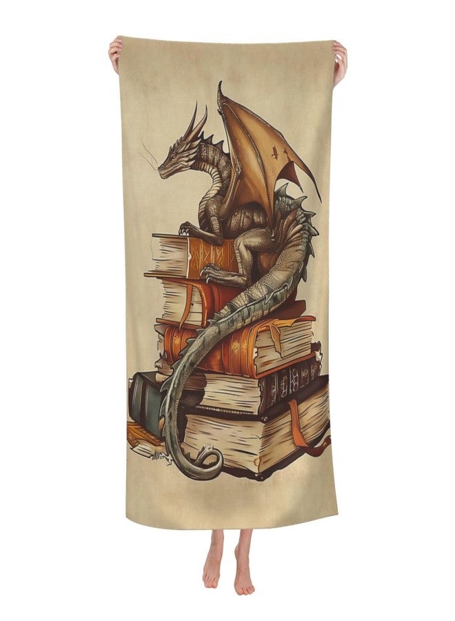VODRM Dragon and Book Retro Beach Towel,32x52in Microfiber Quick Dry Fantasy Animal Ancient Books Vintage Bath Towels,Soft Lightweight Oversized Sand Free,for Travel Pool Swimming Gym Decor,Gifts - Image 1
