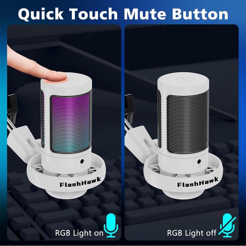 Fh - FlashHawk PC USB Gaming Microphone, Podcast Condenser Mic with Boom Arm, Pop Filter, Mute Button for Streaming, Online Chat, RGB Computer Mic for PS4/5 PC Gamer Youtuber(White) - Image 5