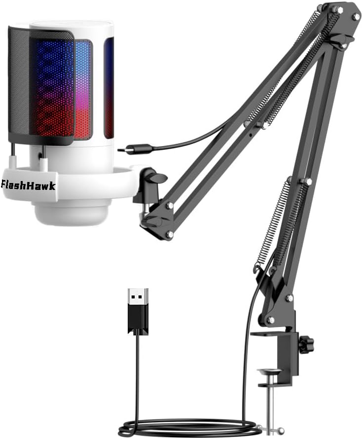 Fh - FlashHawk PC USB Gaming Microphone, Podcast Condenser Mic with Boom Arm, Pop Filter, Mute Button for Streaming, Online Chat, RGB Computer Mic for PS4/5 PC Gamer Youtuber(White) - Image 1