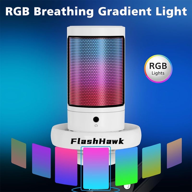 Fh - FlashHawk PC USB Gaming Microphone, Podcast Condenser Mic with Boom Arm, Pop Filter, Mute Button for Streaming, Online Chat, RGB Computer Mic for PS4/5 PC Gamer Youtuber(White) - Image 3