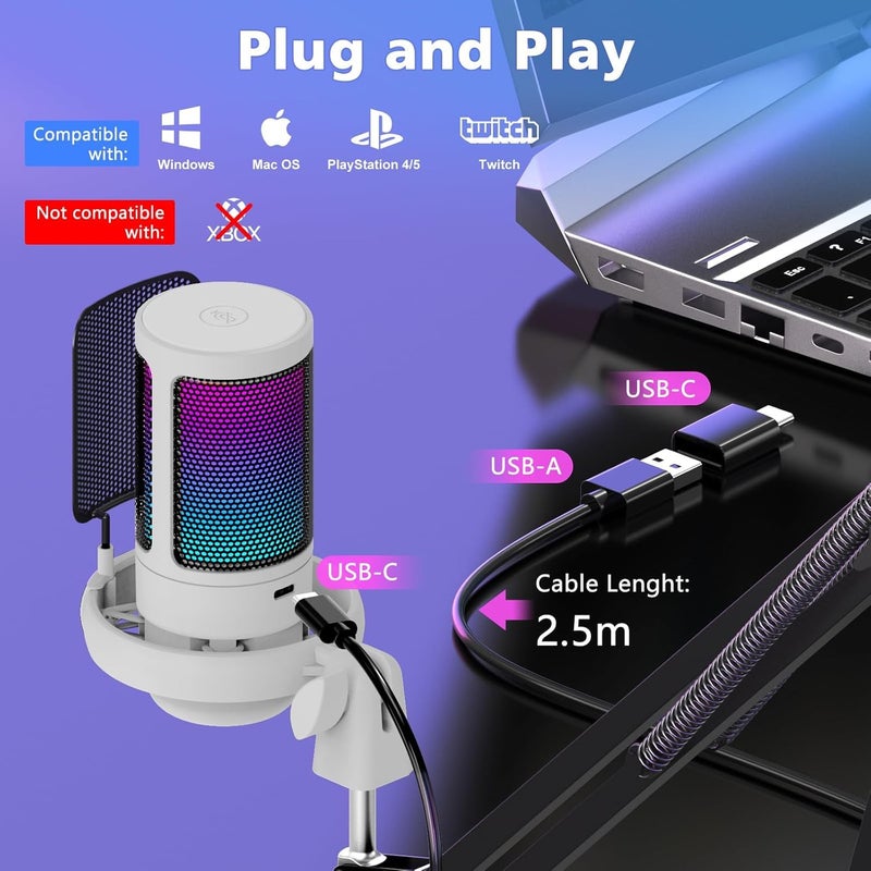 Fh - FlashHawk PC USB Gaming Microphone, Podcast Condenser Mic with Boom Arm, Pop Filter, Mute Button for Streaming, Online Chat, RGB Computer Mic for PS4/5 PC Gamer Youtuber(White) - Image 4